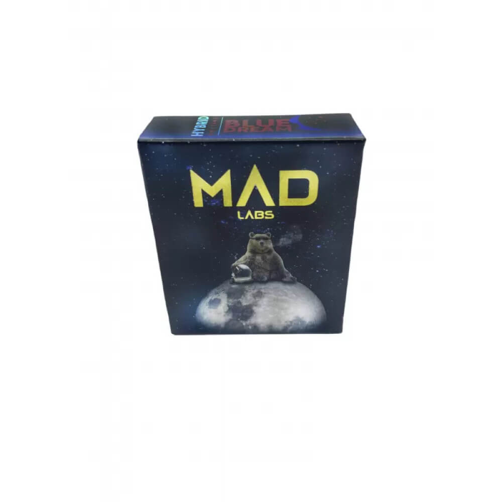 mad labs cartrdige with blue dream taste close-up on a white background