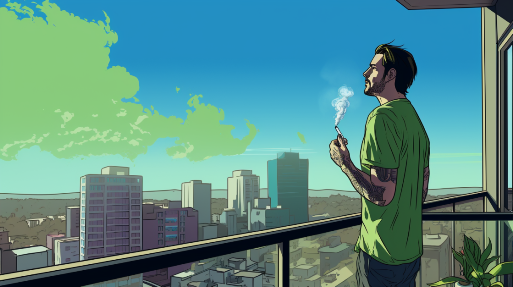 man on the balcony smoking a joint of Ichiban Strain and getting high on the views 