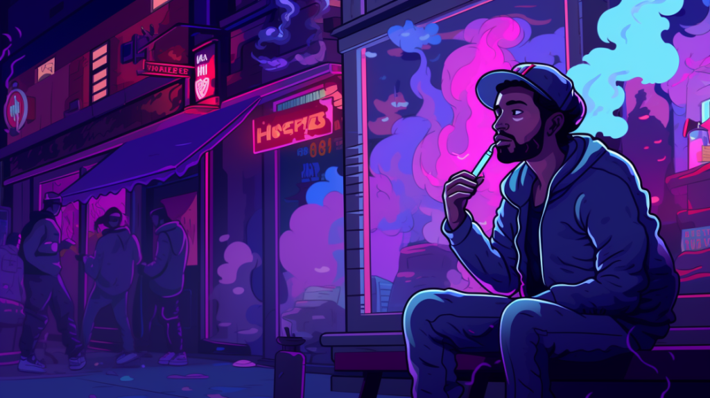 man sits outside a nightclub at night smoking a 31 Flavors Strain marijuana joint