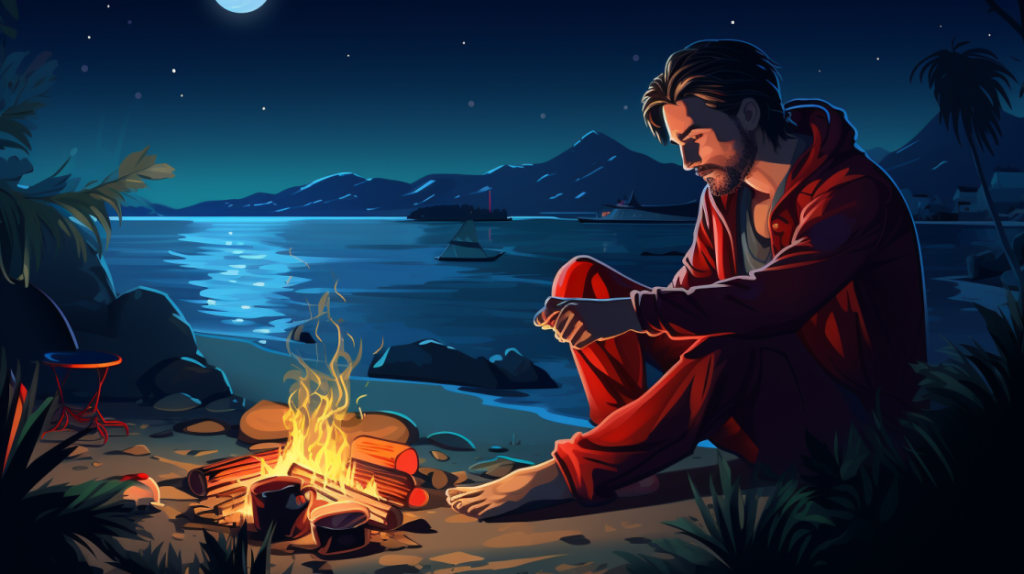 a man sits by the fire at night and considers Cinnamon Roll OG Strain.