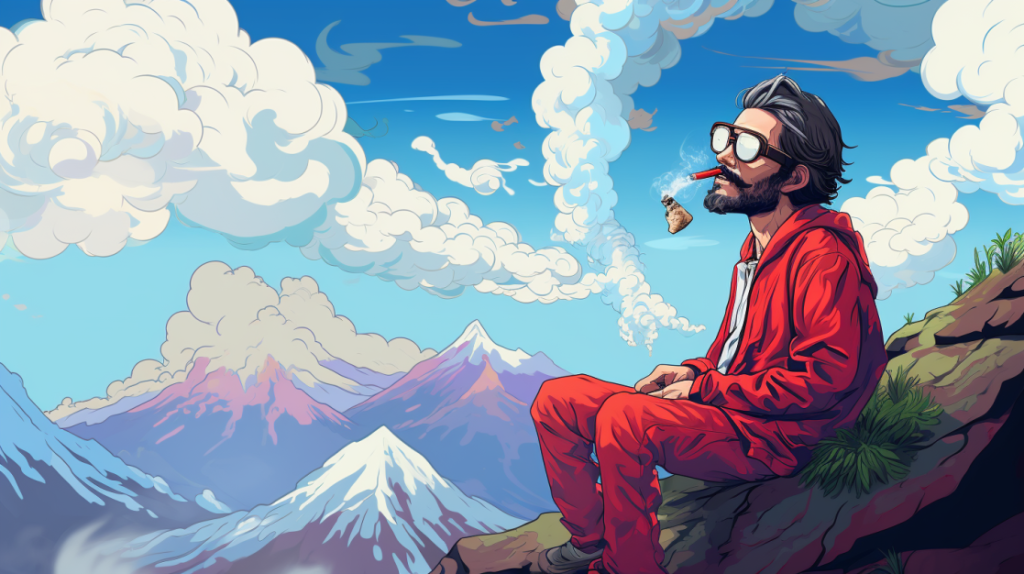 man sitting in snowy mountains smoking a joint from Boston Tea Party #22 Strain