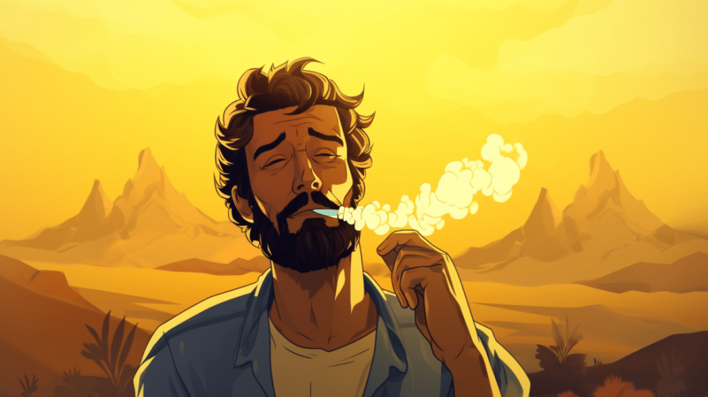 a man smokes Fo Chouteau Strain in the desert. 