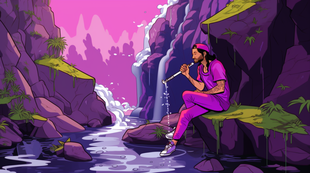 a man at the waterfall smoking Loma Prieta Strain.