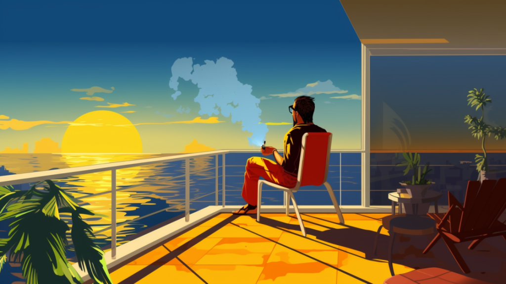 a man sits on a balcony overlooking the ocean and smokes Snickers Strain marijuana